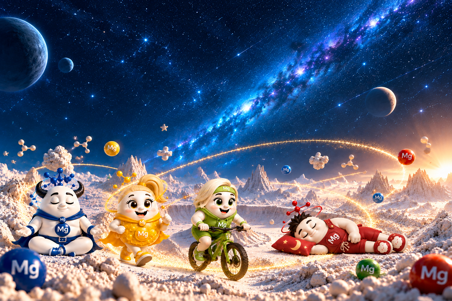 Malo, Citro, Tauro and Glyco, the four magnesium characters, on a moon-like surface under a starry sky