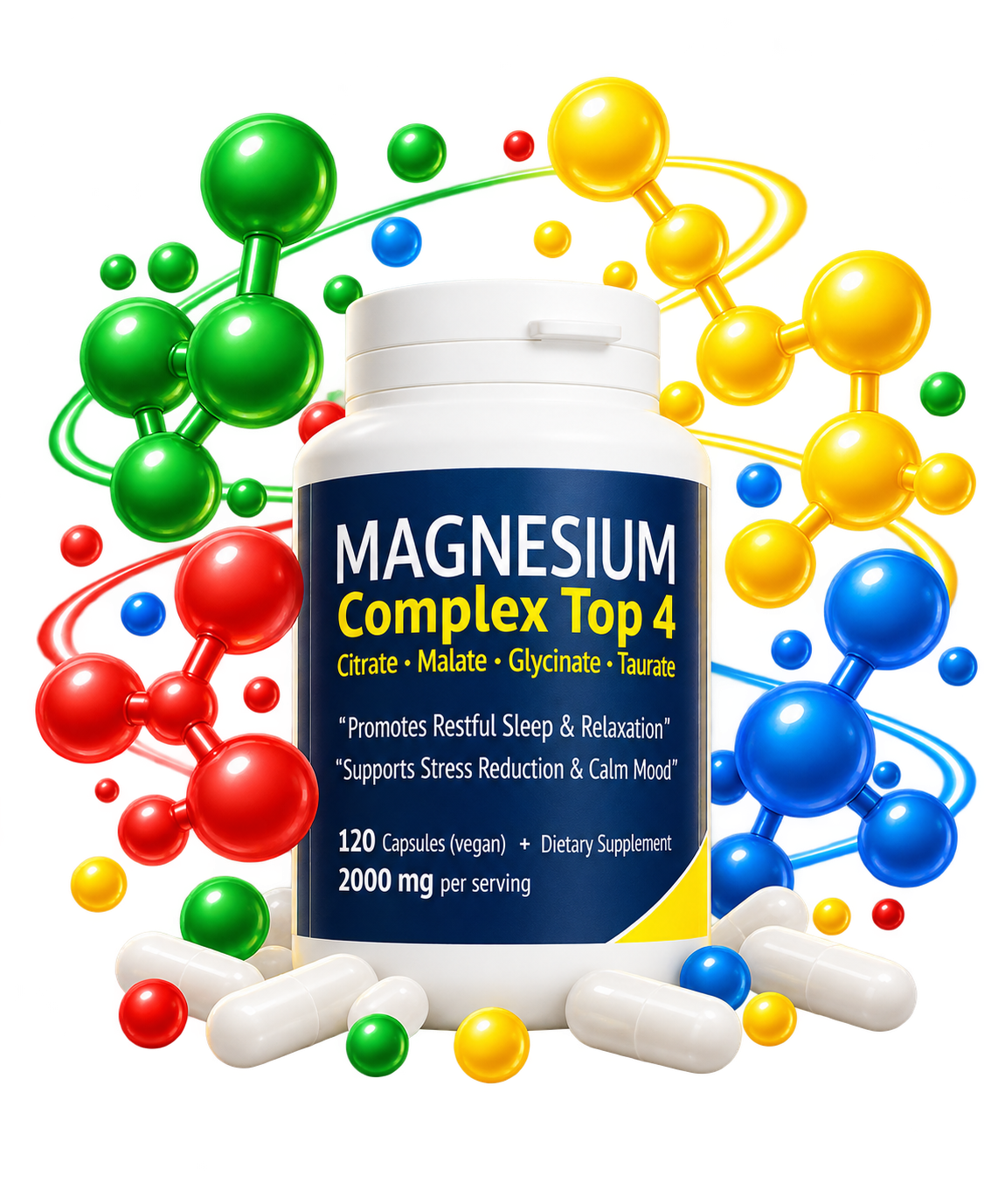 Magnesium Complex Top 4 bottle with 120 vegan capsules, surrounded by magnesium molecules